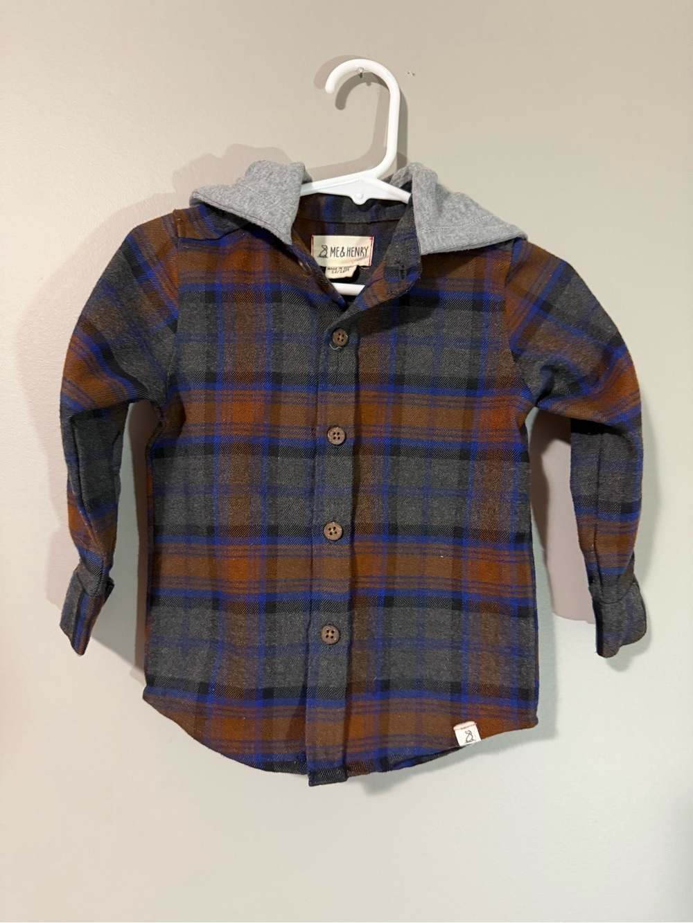 Me & Henry Boys' Brown and Gray Plaid Hooded Shirt Size 12-18 Months NWOT